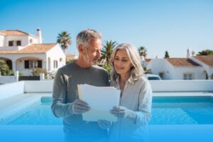 Paar mittleren Alters mit Unterlagen vor dem Pool einer weißen Villa an der Algarve