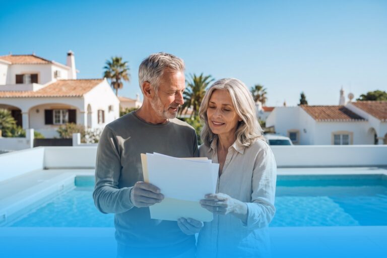 Paar mittleren Alters mit Unterlagen vor dem Pool einer weißen Villa an der Algarve