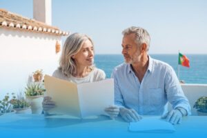 Deutschsprachiges Ehepaar um die 65 sitzt auf einer Terrasse an der Algarve und geht gemeinsam Unterlagen zur Vorsorge für den Pflegefall in Portugal durch