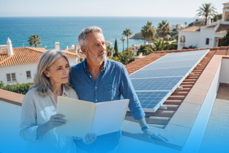 Älteres Paar auf der Dachterrasse eines portugiesischen Hauses an der Algarve, daneben Photovoltaikmodule auf dem Ziegeldach, die Frau hält eine geöffnete Unterlagenmappe