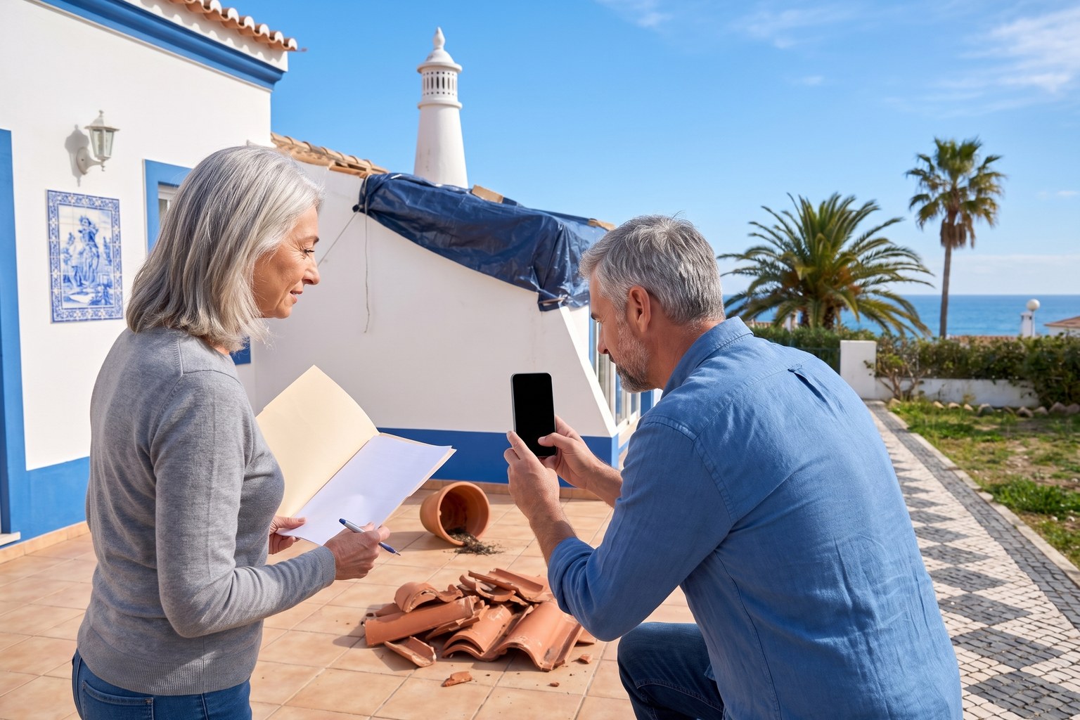Älteres Paar fotografiert auf der Terrasse eines portugiesischen Hauses zerbrochene Dachziegel, im Hintergrund eine Plane über dem beschädigten Dach