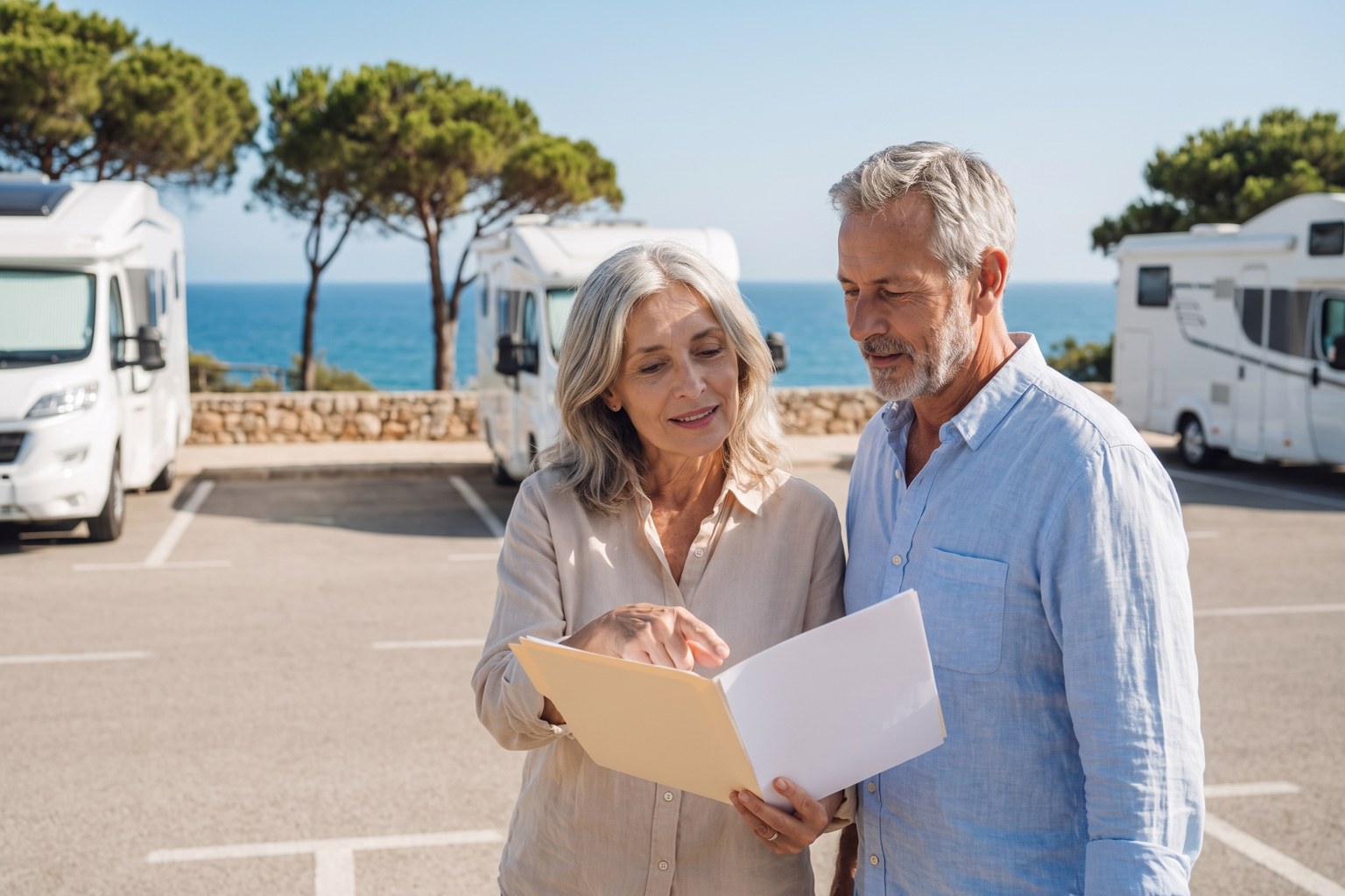 Wohnmobile in markierten Stellplatzbuchten an der Algarve, davor ein Paar mit Fahrzeugpapieren
