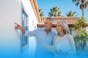 Älteres Paar prüft nach einem Erdbeben in Portugal einen Riss in der Wand seines Hauses an der Algarve
