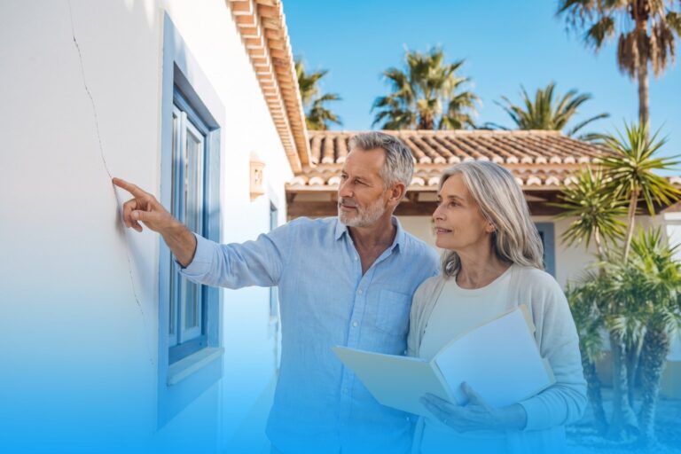 Couple pointing at a crack in the wall of their house in the Algarve while the woman holds a folder
