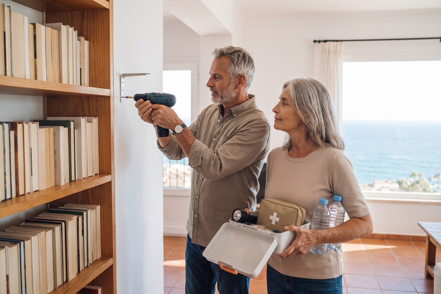 Earthquake preparation in Portugal: a man fixes a bookshelf to the wall with a bracket while a woman holds an emergency kit