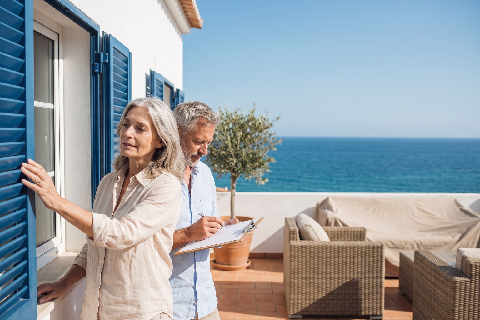 Älteres Paar schließt vor der Abreise die Fensterläden seines Ferienhauses an der Algarve und hakt eine Liste ab