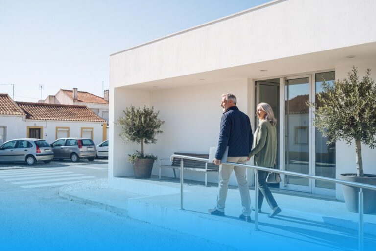 Ein Paar um 65 geht über eine Rampe zum gläsernen Eingang eines modernen weißen Gesundheitszentrums in einer portugiesischen Kleinstadt