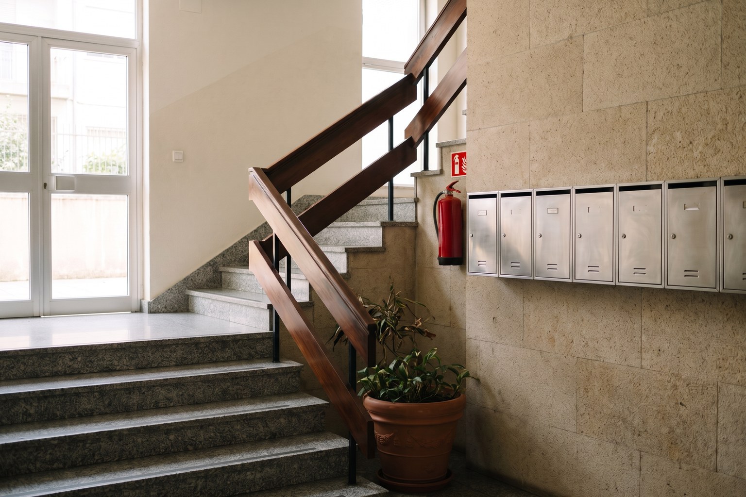 Gepflegter Eingangsbereich eines portugiesischen Wohnhauses mit Granittreppe, Briefkästen und Feuerlöscher an der Wand