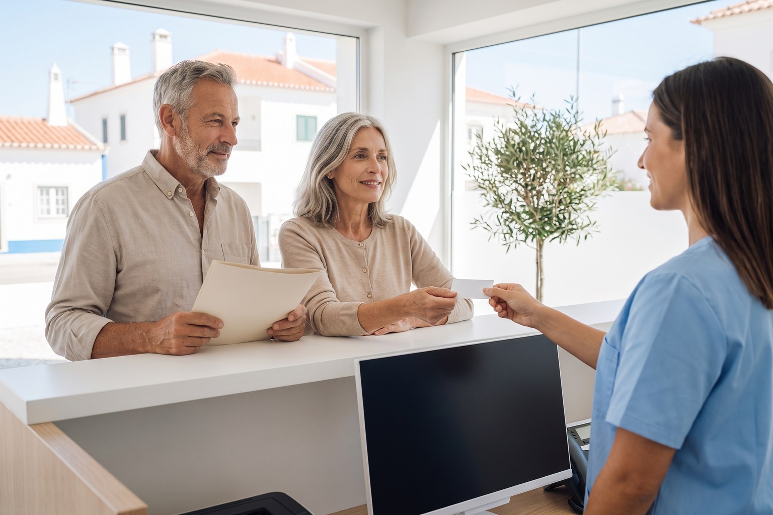Couple handing over an insurance card at the reception of a private clinic in Portugal