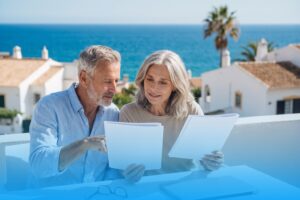 Couple on a terrace in the Algarve comparing two health insurance offers for Portugal