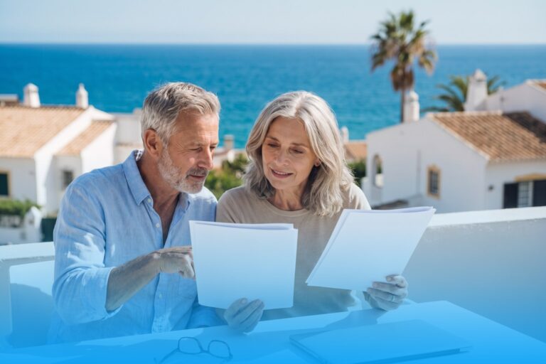Couple on a terrace in the Algarve comparing two health insurance offers for Portugal
