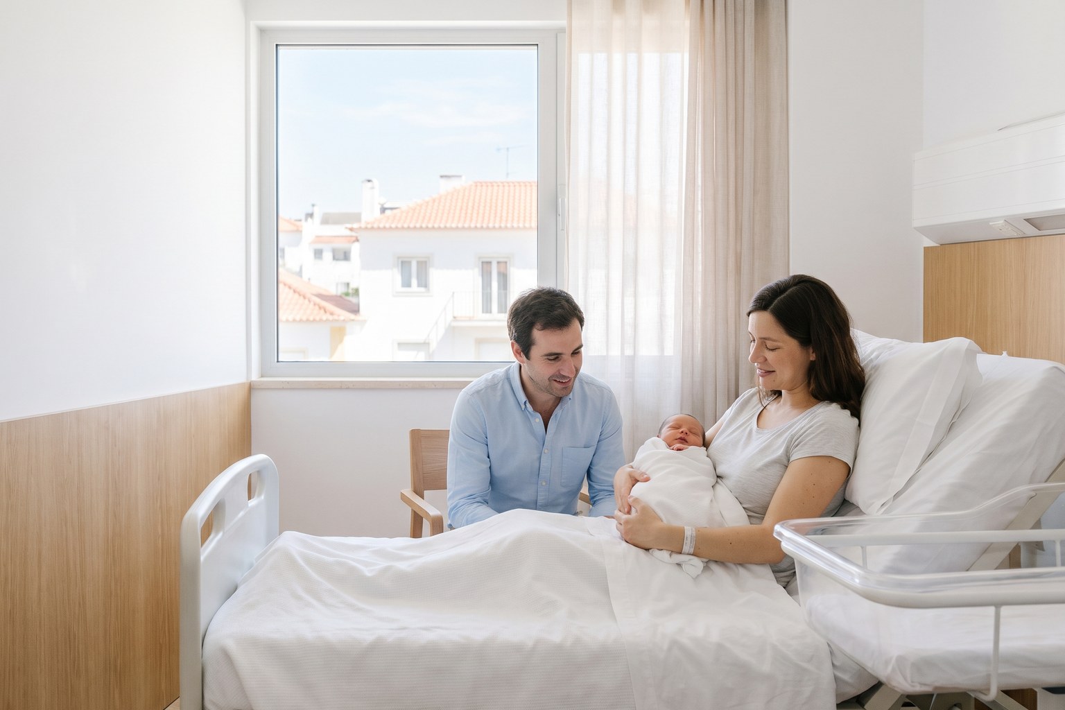 Mutter hält im hellen Zimmer einer Privatklinik in Portugal ihr Neugeborenes im Arm, der Vater sitzt neben dem Bett
