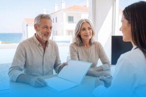 Older couple discussing their health insurance documents with a doctor in a private clinic in Portugal