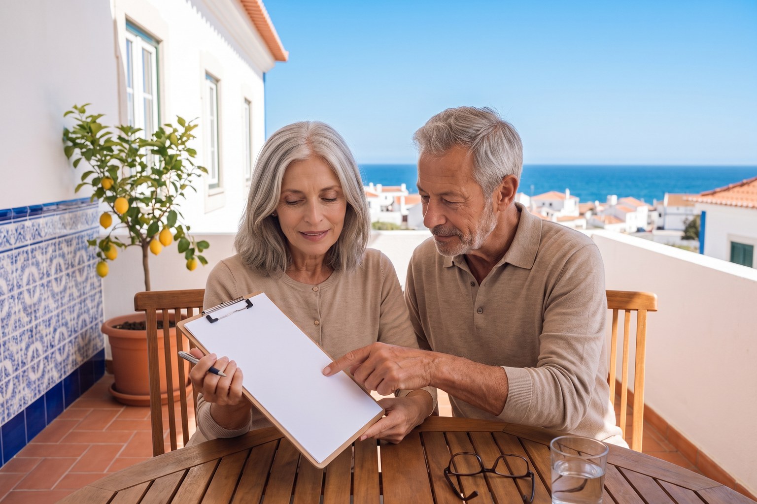 Älteres Ehepaar füllt auf der Terrasse eines Hauses in Portugal gemeinsam einen Gesundheitsfragebogen aus