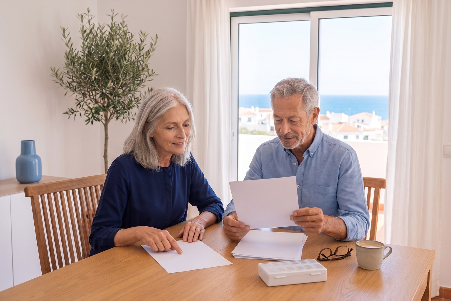 Older couple in their living room in Portugal sorting earlier medical records for the health questionnaire
